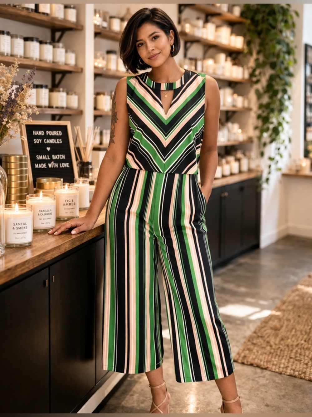 EUC ECI SZ L Green/pink/white striped cropped jumpsuit w/pockets/bust 44”-48”